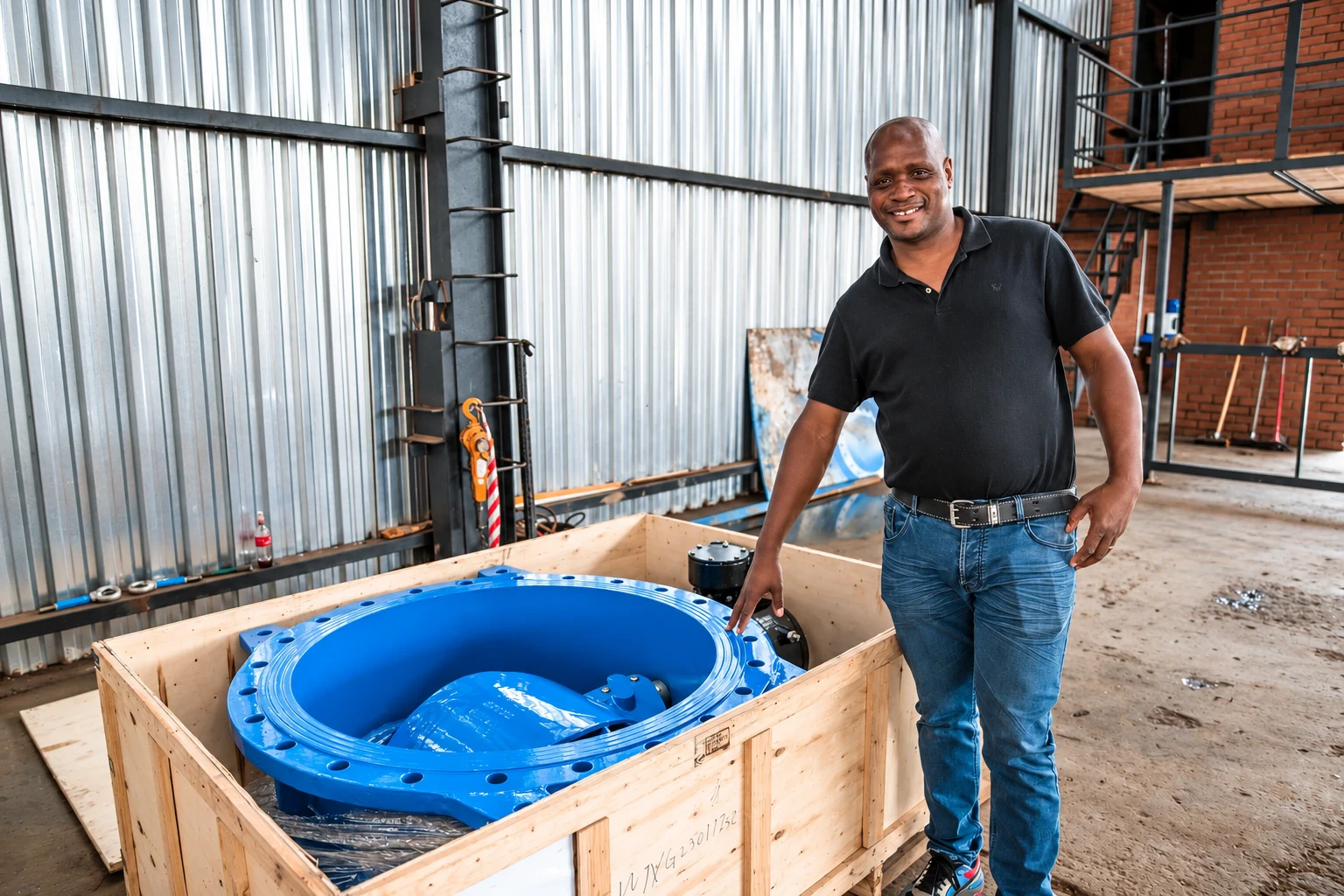 Man standing beside a blue valve packed in an open timber crate in a workshop