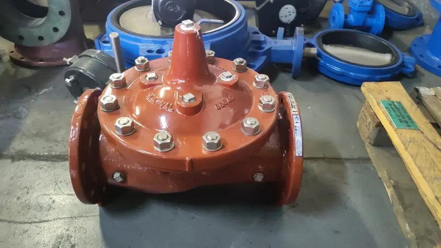 Red-coated valve body beside blue valves