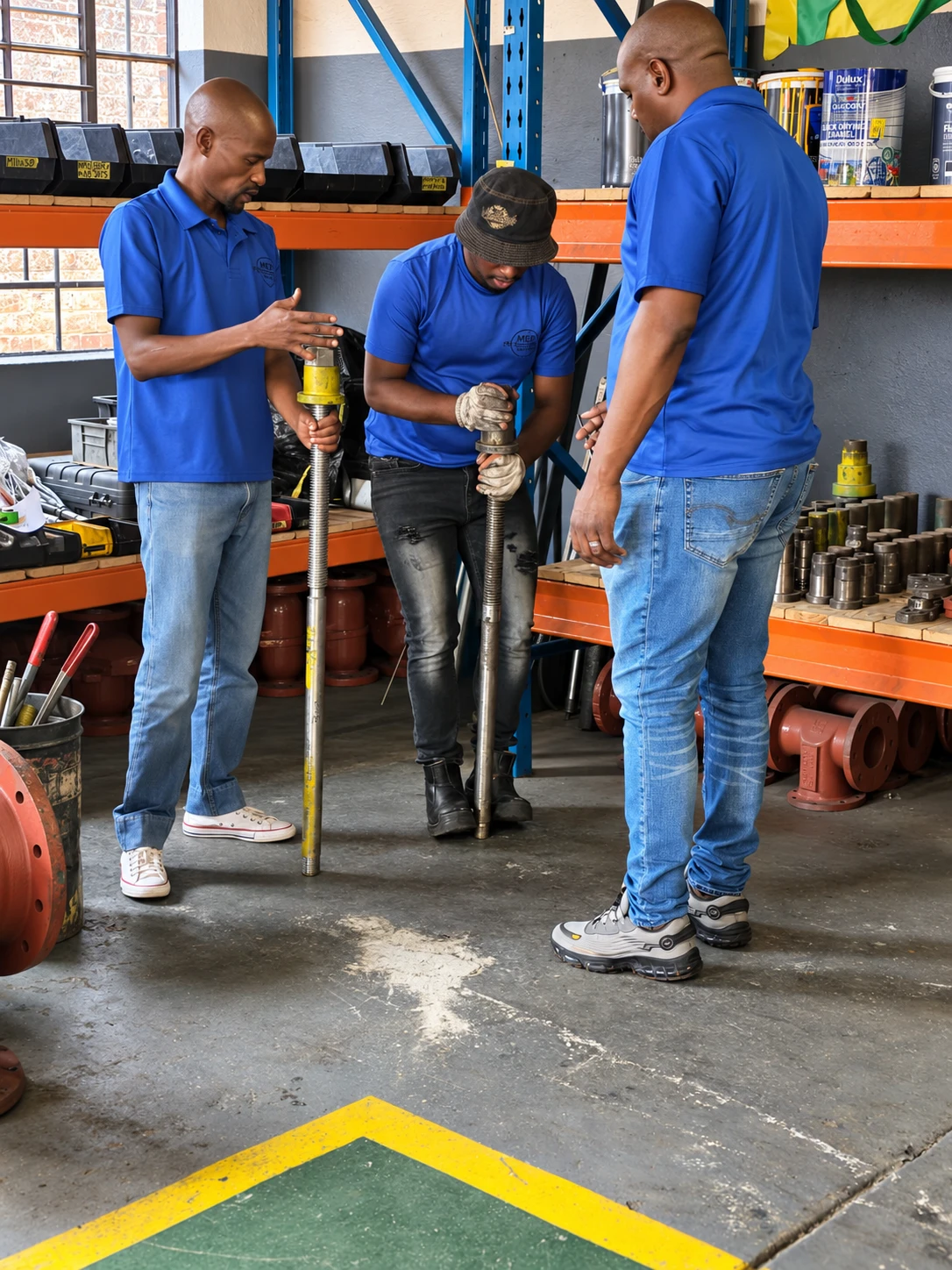 Three team members in blue shirts working with tools in the workshop